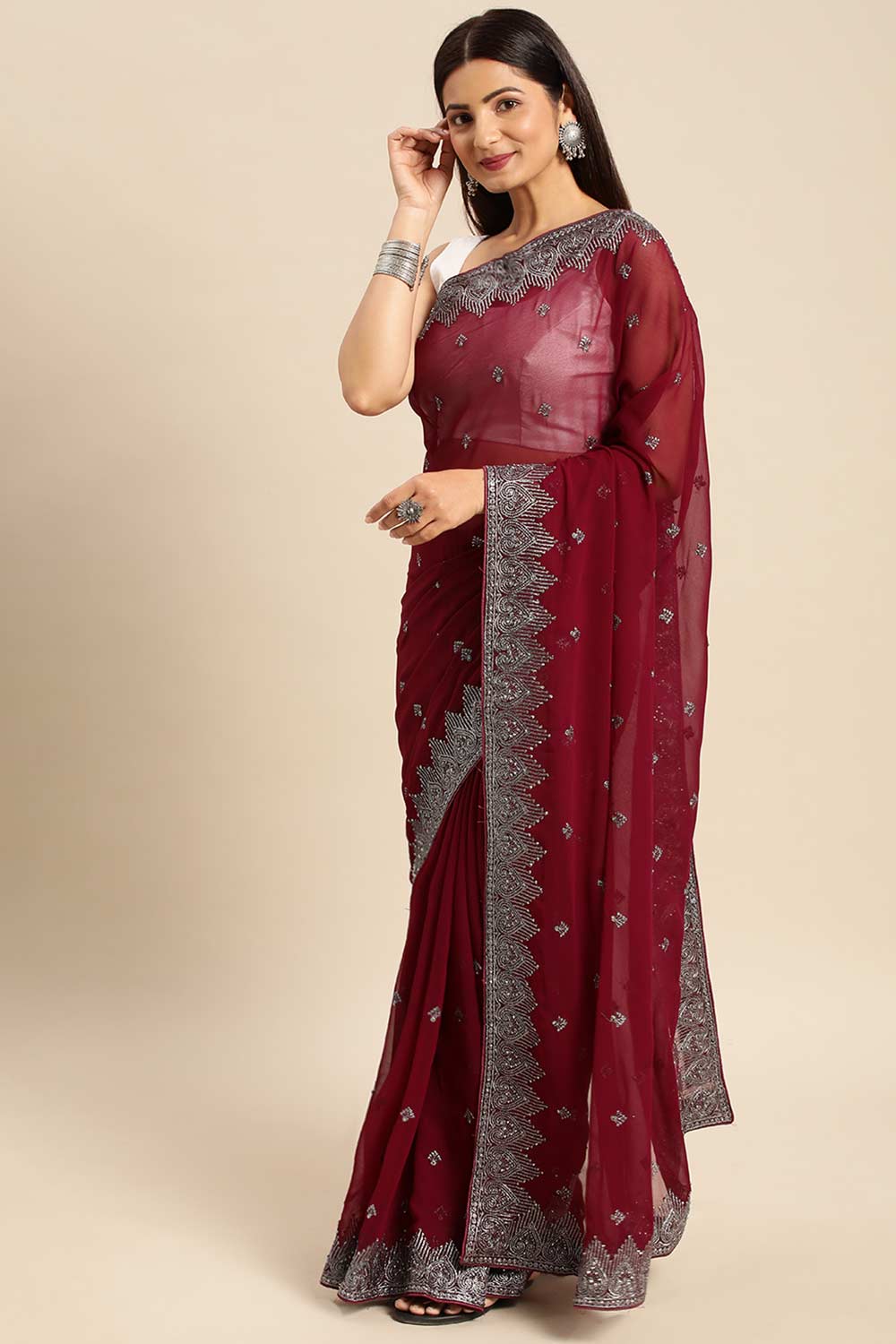 Wine Pure Georgette Floral Embroidered Saree