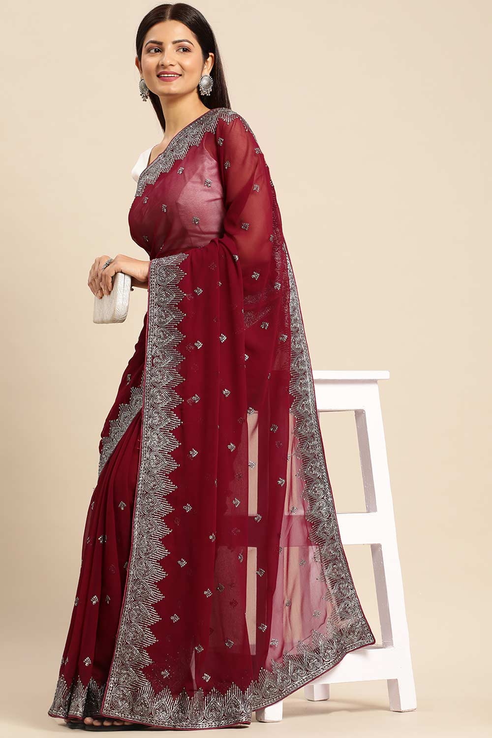 Wine Pure Georgette Floral Embroidered Saree