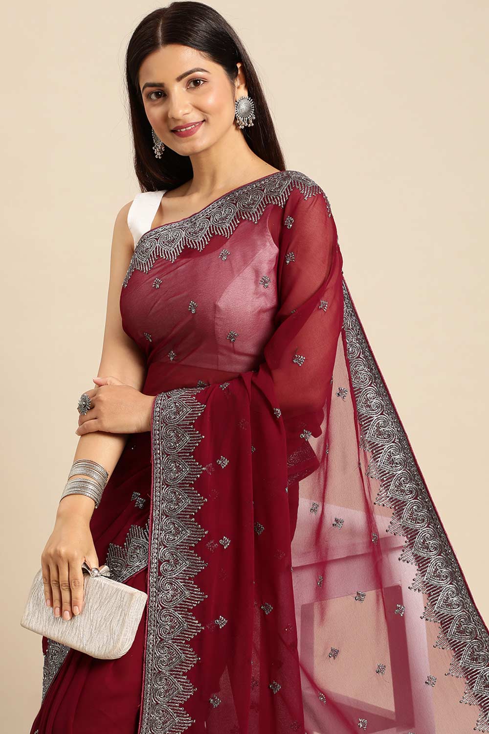 Wine Pure Georgette Floral Embroidered Saree