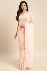 Peach Pure Georgette Floral Embroidered Saree