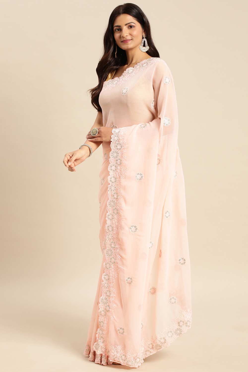 Peach Pure Georgette Floral Embroidered Saree