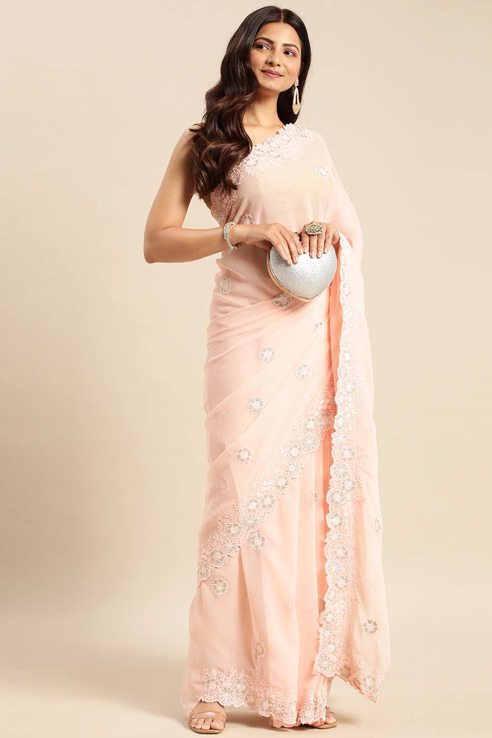 Peach Pure Georgette Floral Embroidered Saree