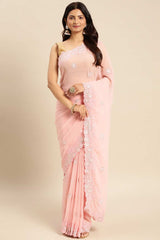 Pink Pure Georgette Floral Embroidered Saree