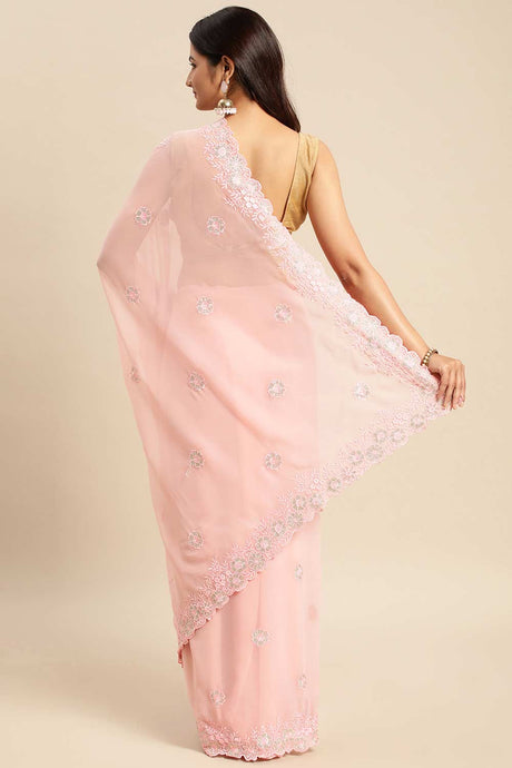 Pink Pure Georgette Floral Embroidered Saree