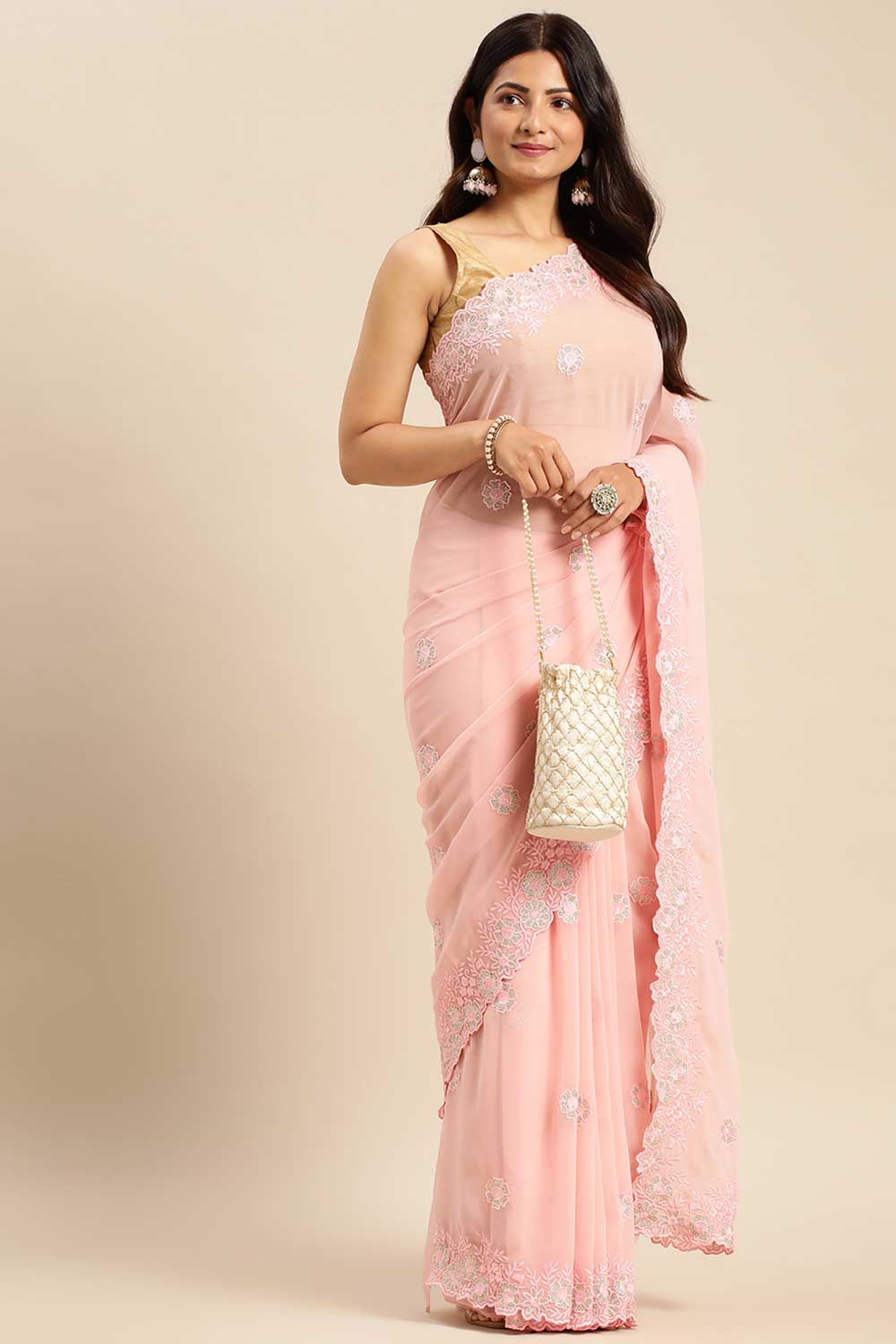 Pink Pure Georgette Floral Embroidered Saree