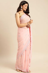 Pink Pure Georgette Floral Embroidered Saree