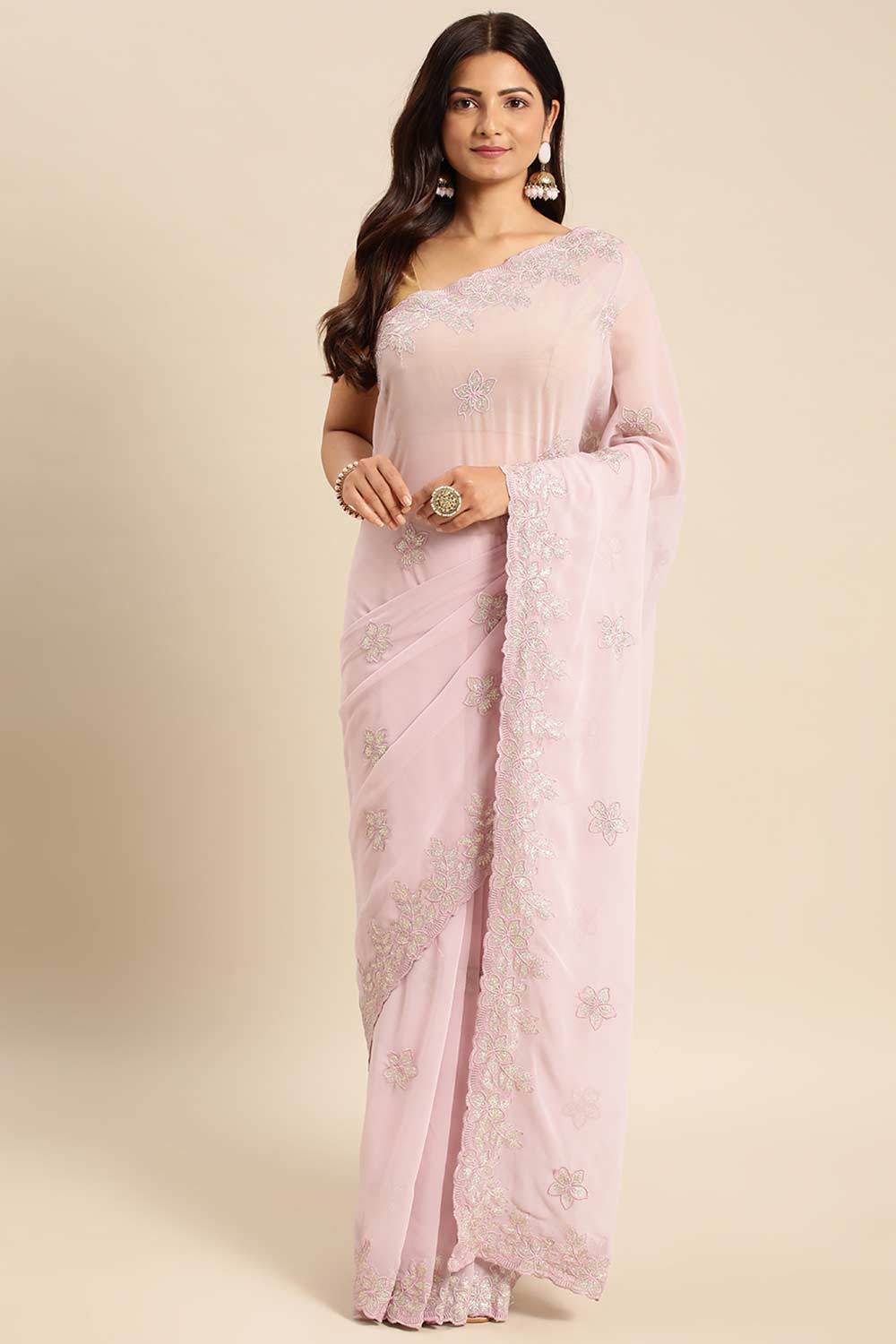 Lavender Pure Georgette Floral Embroidered Saree