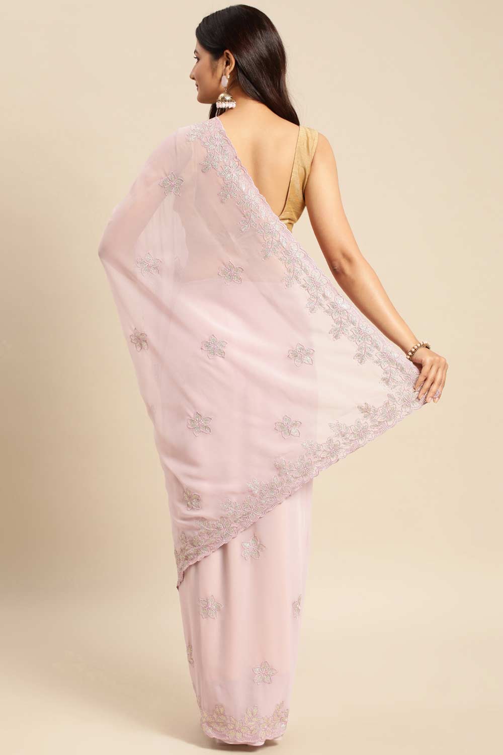 Lavender Pure Georgette Floral Embroidered Saree