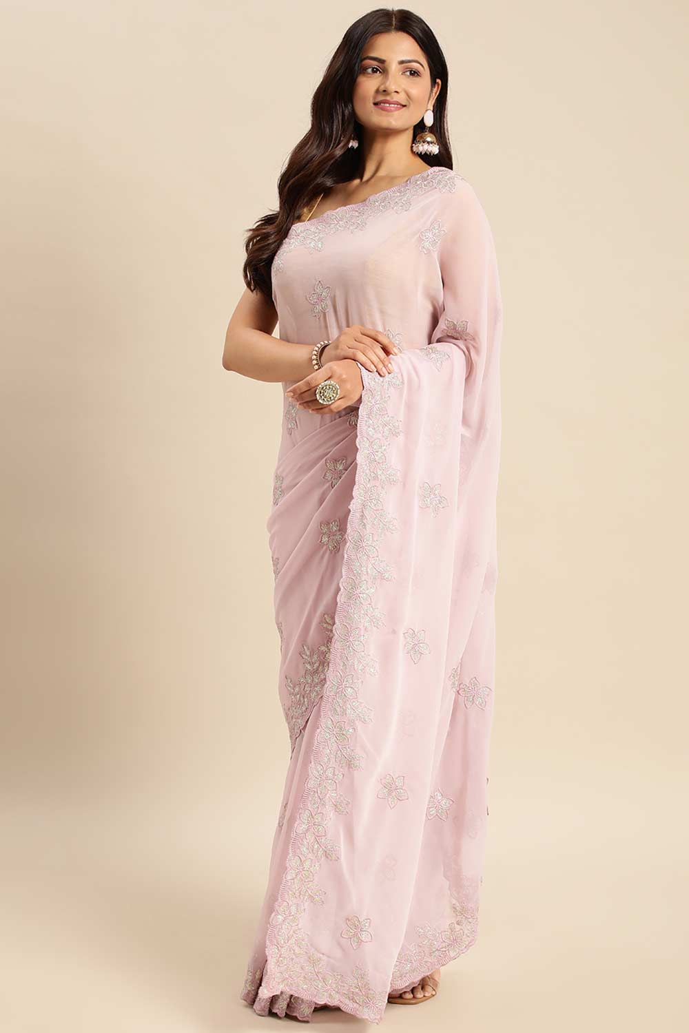 Lavender Pure Georgette Floral Embroidered Saree