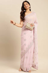 Lavender Pure Georgette Floral Embroidered Saree