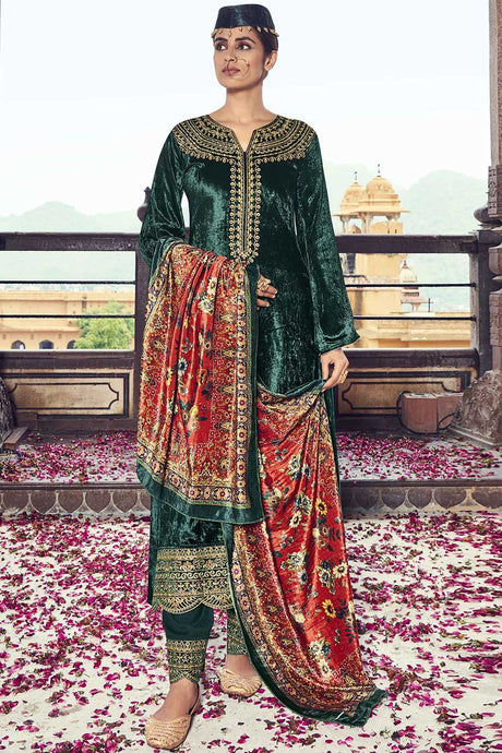Green Velvet Embroidered Pant Suit Set