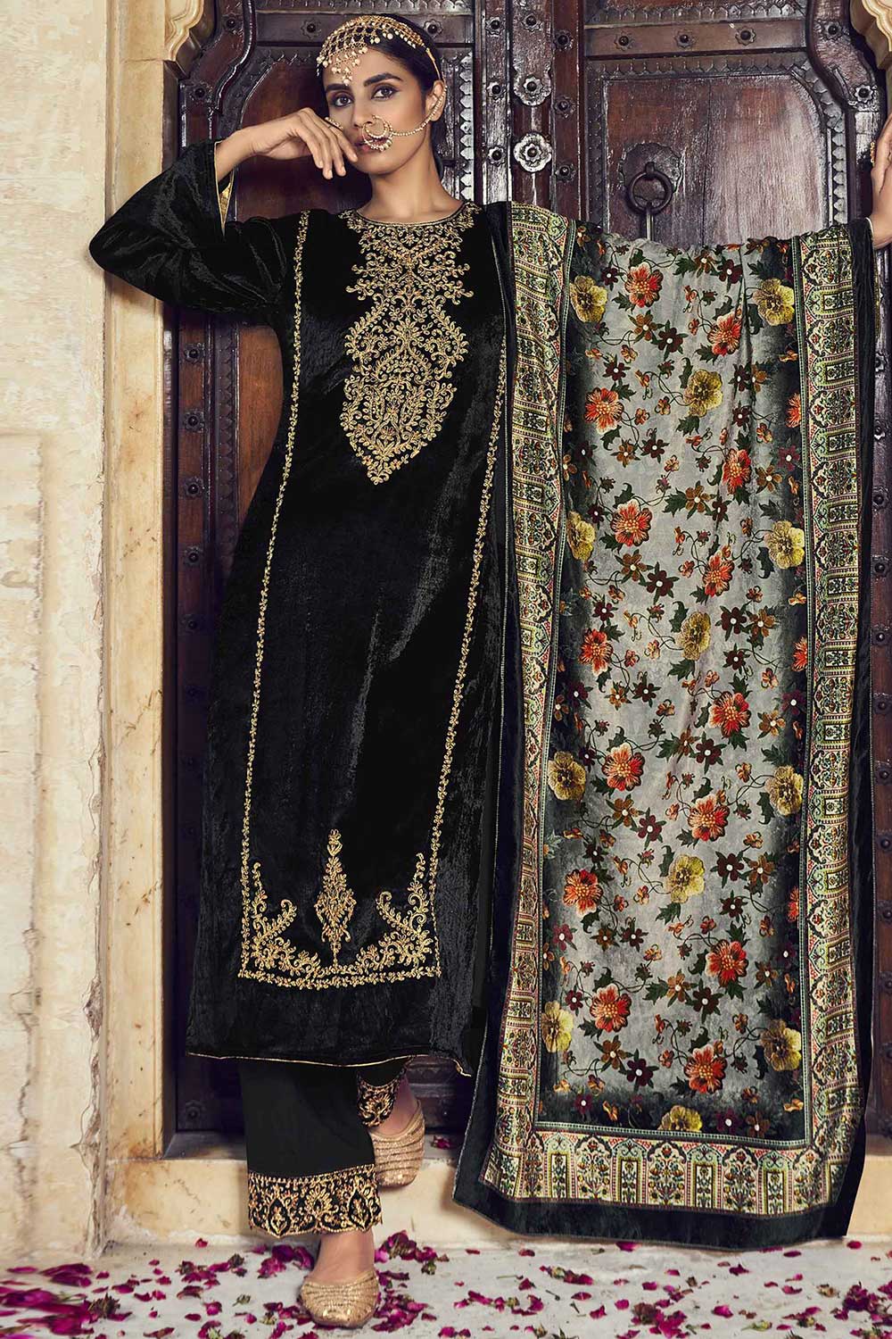 Black Velvet Embroidered Palazzo Suit Set