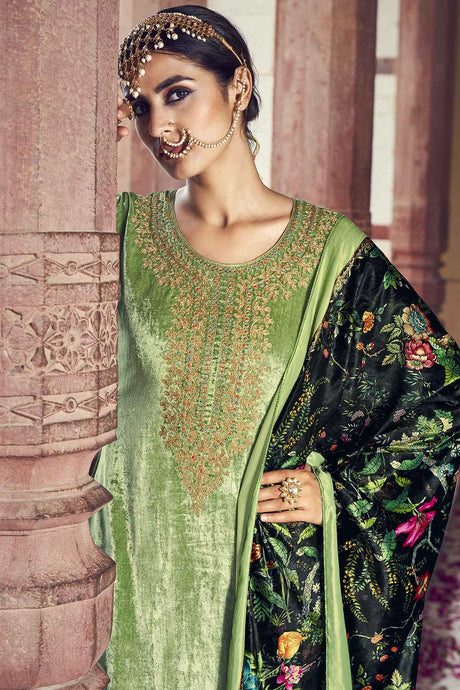 Green Velvet Embroidered Palazzo Suit Set