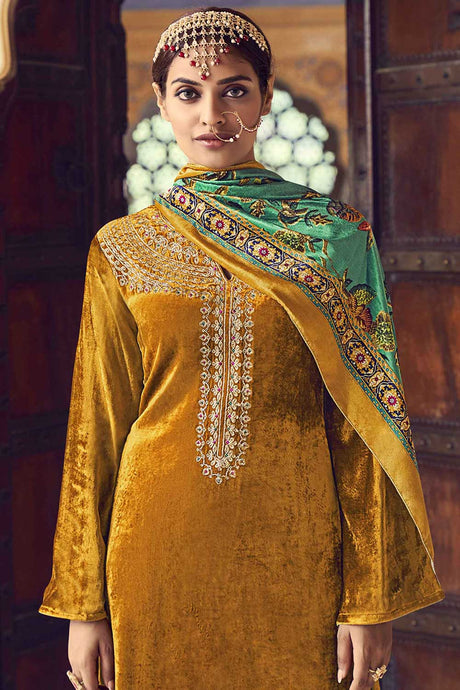 Gold Velvet Embroidered Palazzo Suit Set