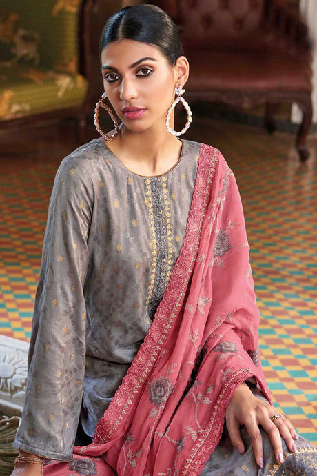 Grey Silk Jacquard Embroidered Palazzo Suit Set