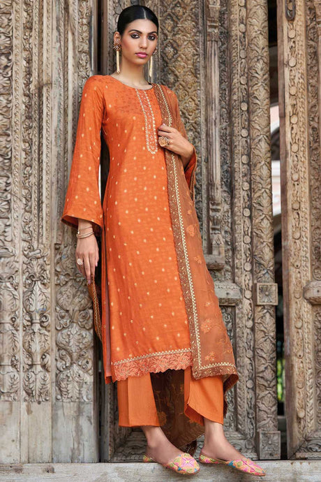 Orange Silk Jacquard Embroidered Palazzo Suit Set