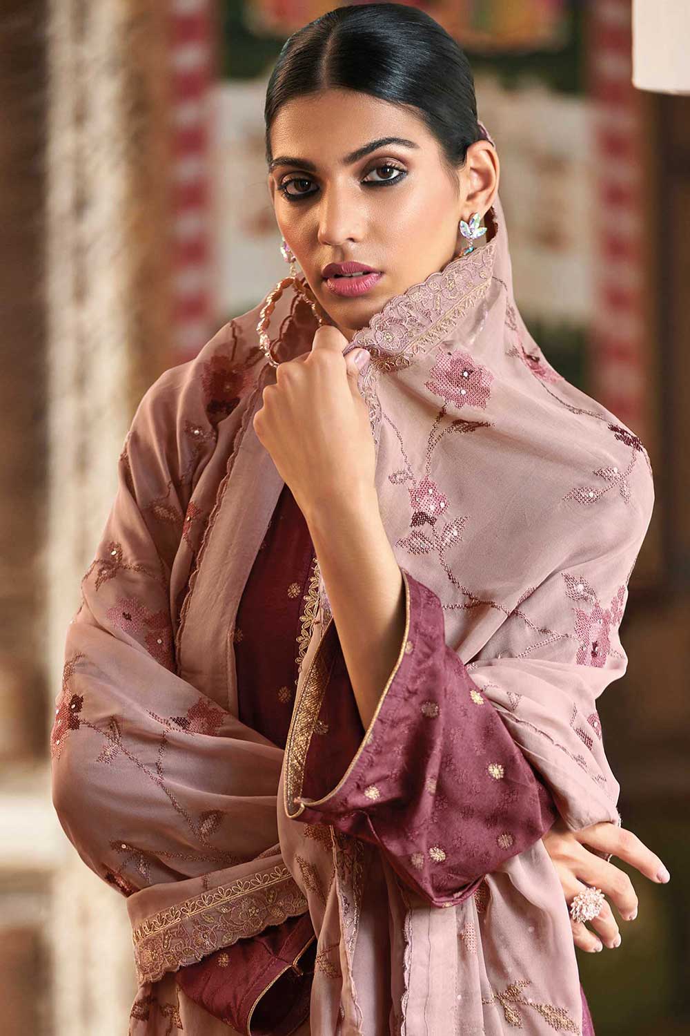 Purple Silk Jacquard Embroidered Palazzo Suit Set