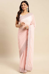 Pink Poly Georgette Floral Embroidered Saree