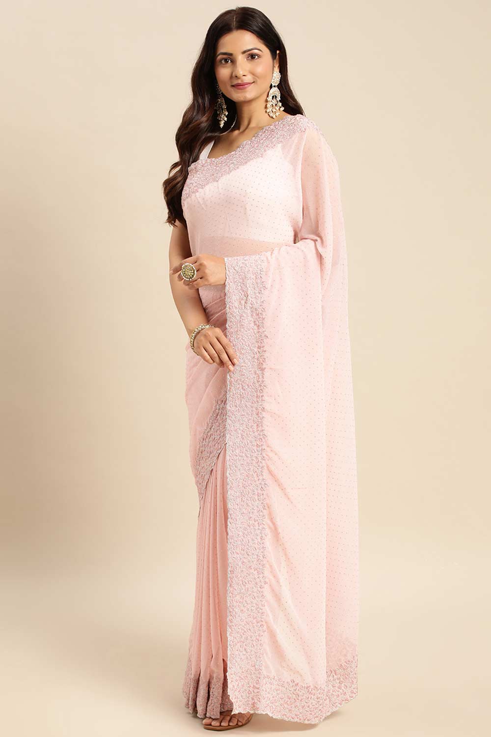 Pink Poly Georgette Floral Embroidered Saree