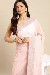 Pink Poly Georgette Floral Embroidered Saree