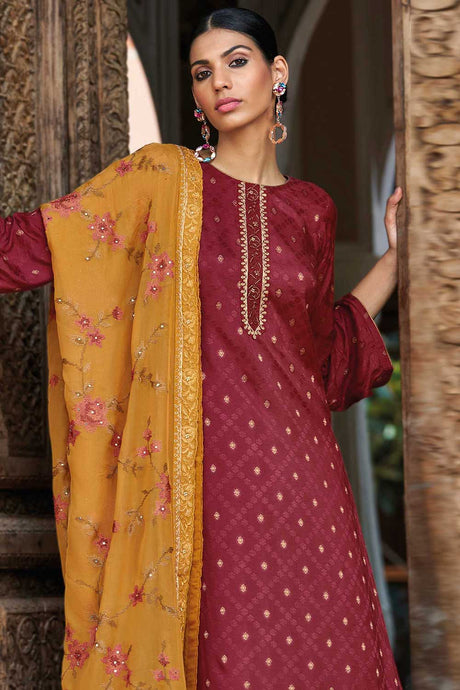 Maroon Silk Jacquard Embroidered Palazzo Suit Set