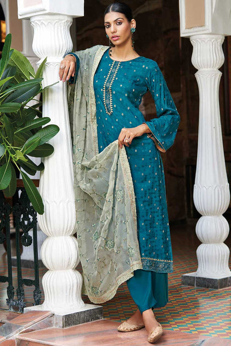 Rama Blue Silk Jacquard Embroidered Palazzo Suit Set
