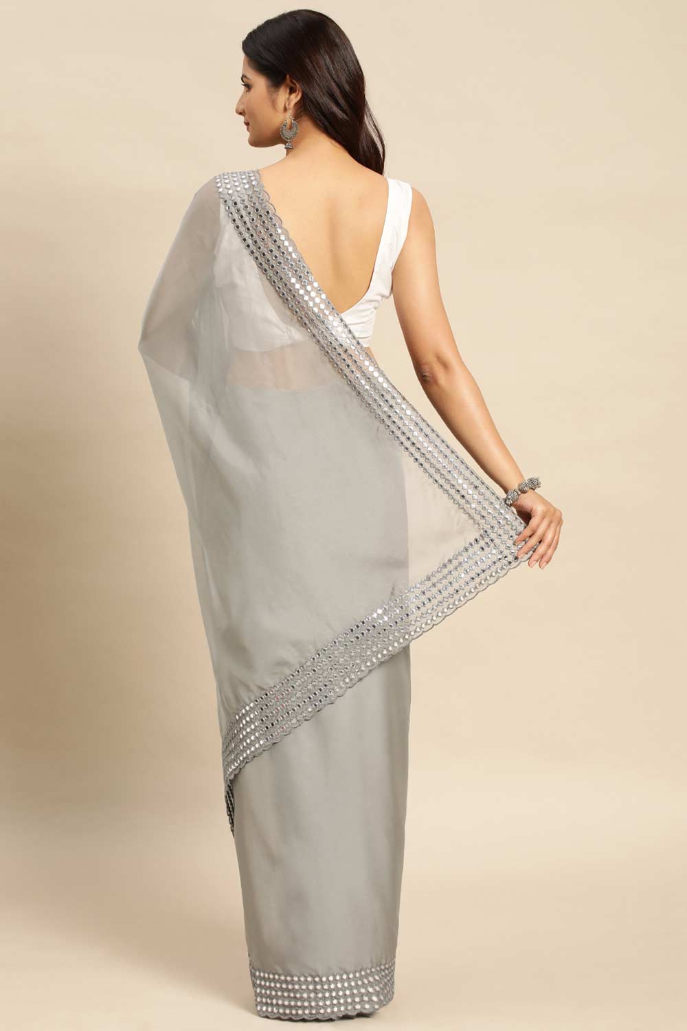 Grey Satin Floral Woven Design Saree