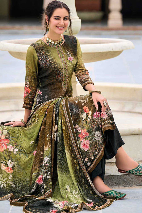 Olive Green Pure Crape Digital Printed Palazzo Suit Set