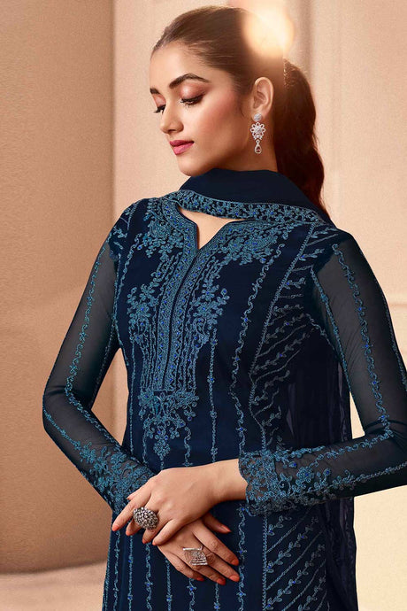 Navy Blue Net Embroidered Palazzo Suit Set