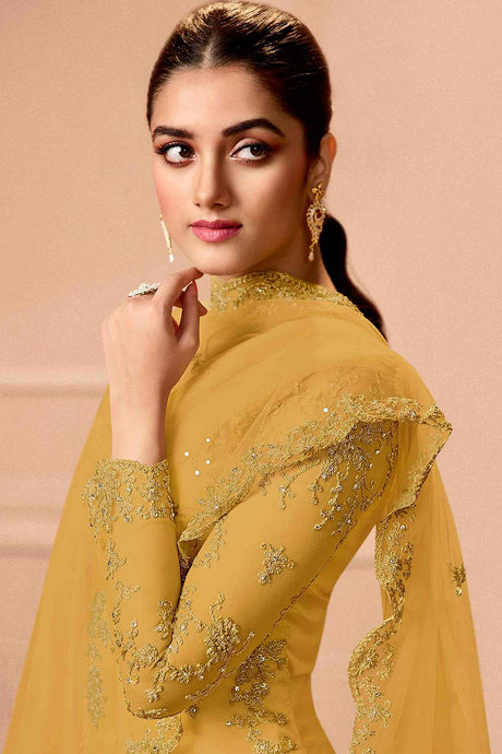 Yellow Net Embroidered Palazzo Suit Set