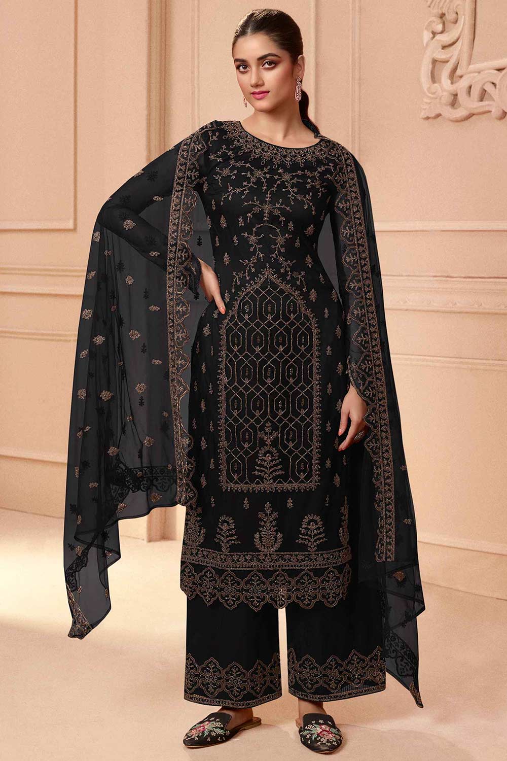 Black Net Embroidered Palazzo Suit Set