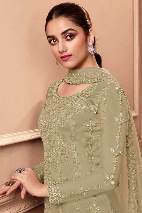 Beige Net Embroidered Palazzo Suit Set