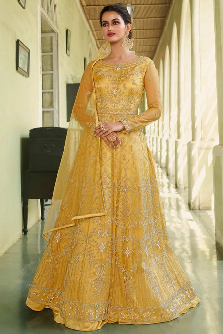 Buy Yellow Net Embroidered Kurta Suit Set Online