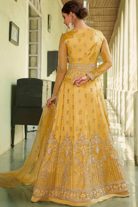 Buy Yellow Net Embroidered Dress Material Online - Back