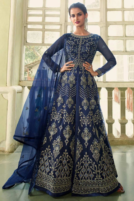 Buy Navy Blue Net Embroidered Kurta Suit Set Online