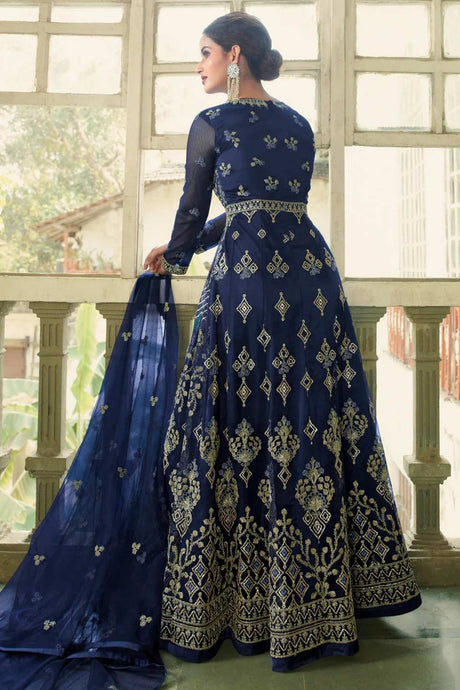 Buy Navy Blue Net Embroidered Dress Material Online - Back