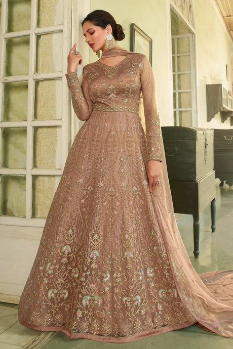 Buy Peach Net Embroidered Kurta Suit Set Online