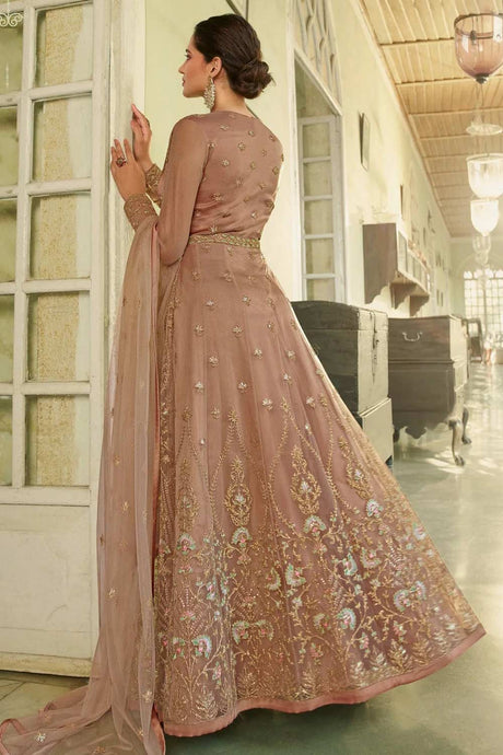 Buy Peach Net Embroidered Dress Material Online - Back
