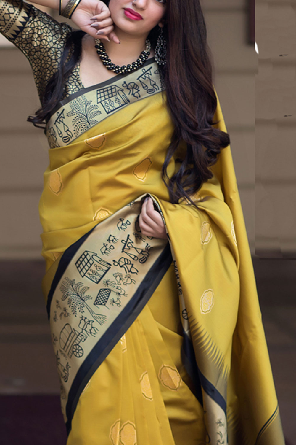 Buy Banarasi Art Silk Woven Saree in Mustard - Back