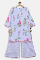 Girl's Crepe Floral Printed Suit Set In Blue