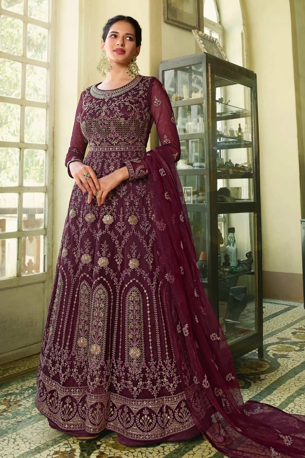 Buy Wine Net Embroidered Kurta Suit Set Online