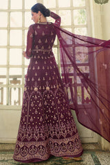 Buy Wine Net Embroidered Dress Material Online - Back