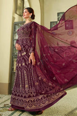 Buy Wine Net Embroidered Dress Material Online - Front