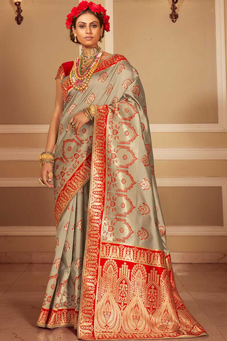 Buy Banarasi Art Silk Woven Saree in Light Grey Online