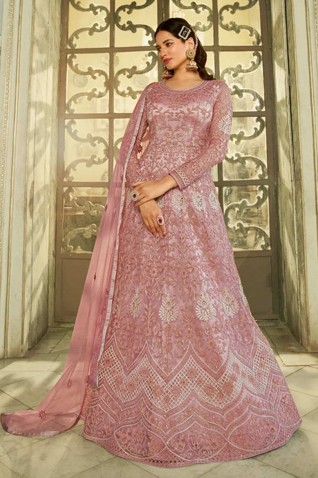 Buy Pink Net Embroidered Kurta Suit Set Online