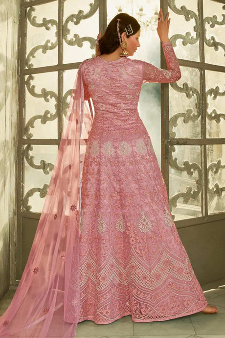 Buy Pink Net Embroidered Dress Material Online - Back