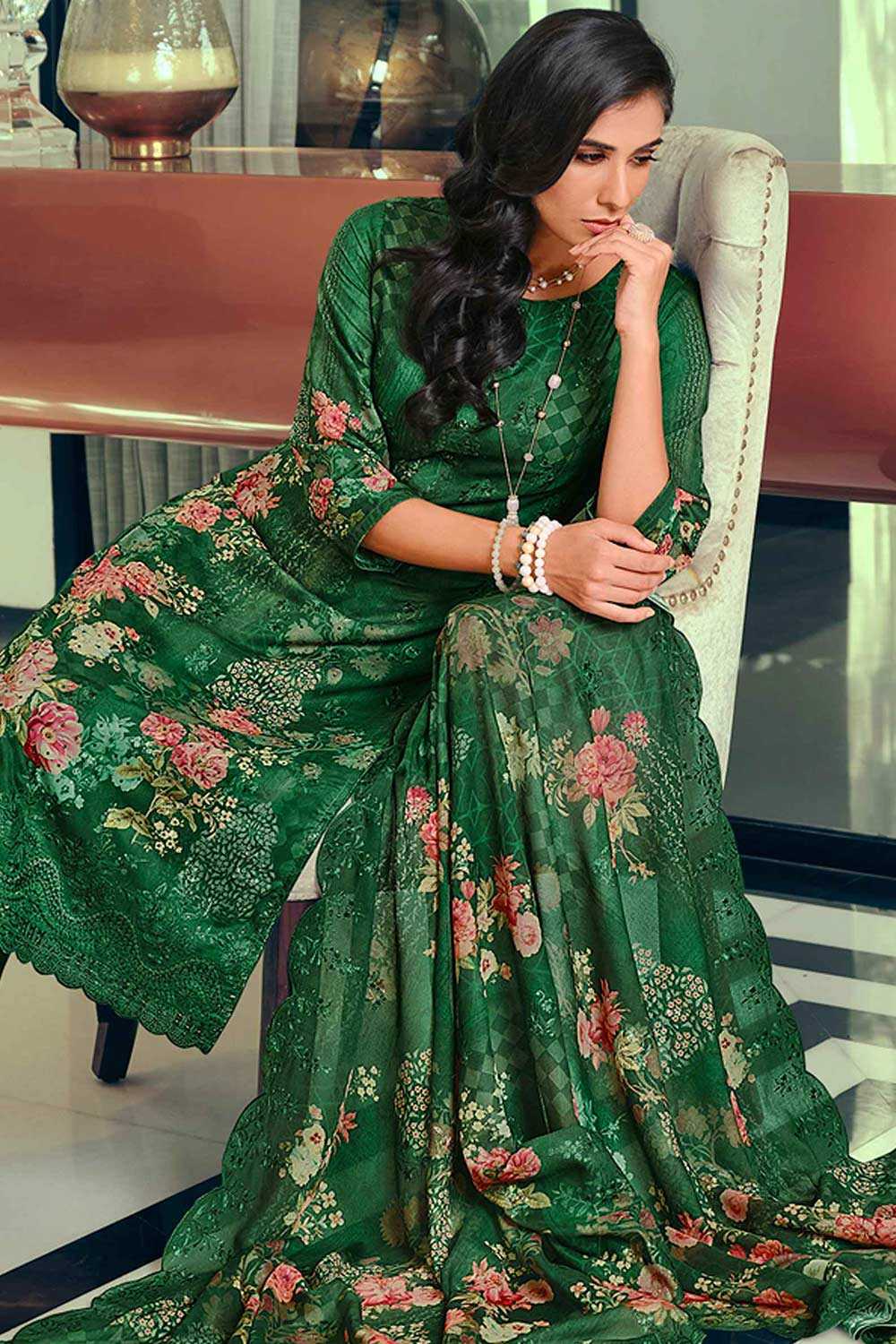 Buy Green Muslin Embroidered Dress Material Online - Front