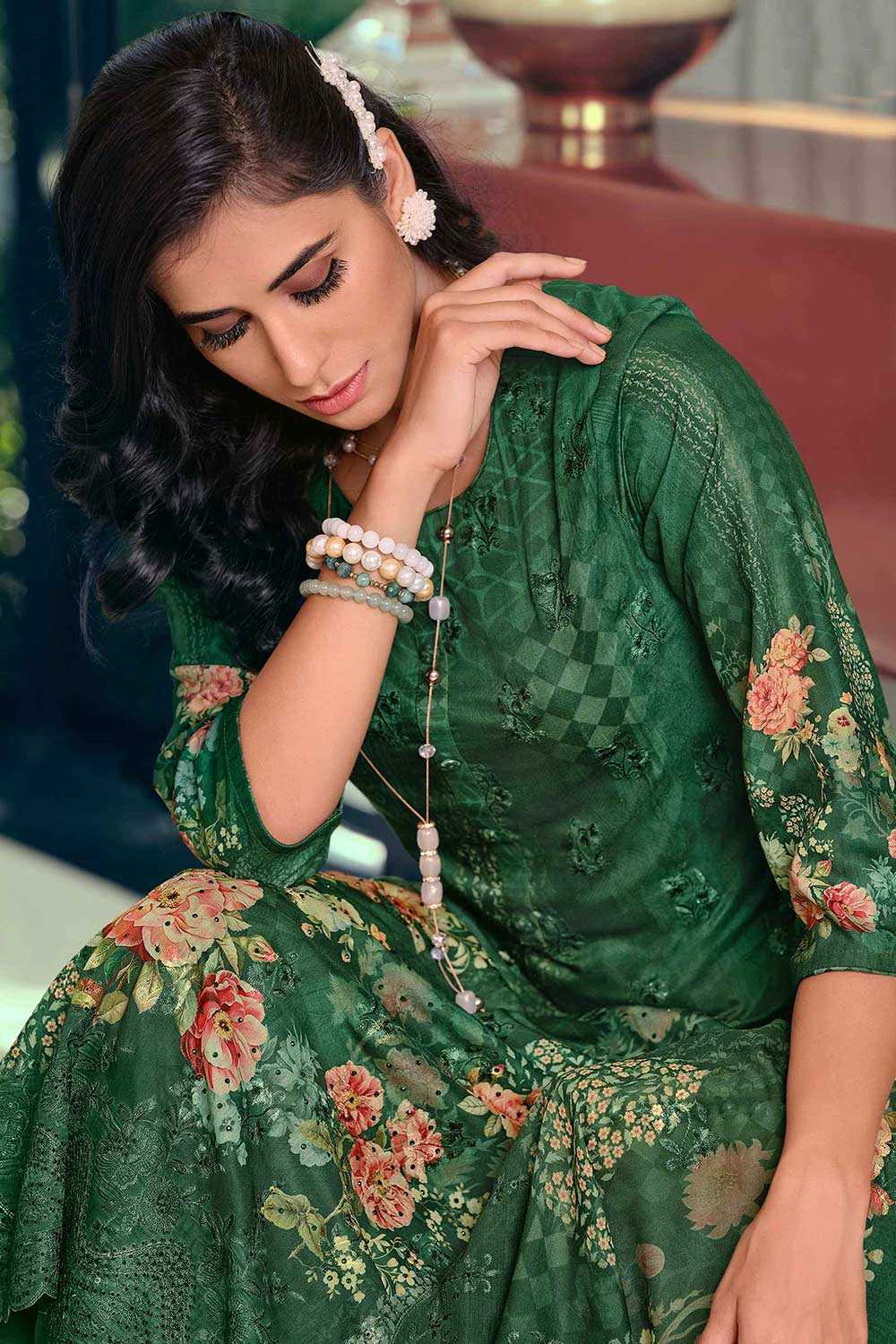 Buy Green Muslin Embroidered Dress Material Online - Side