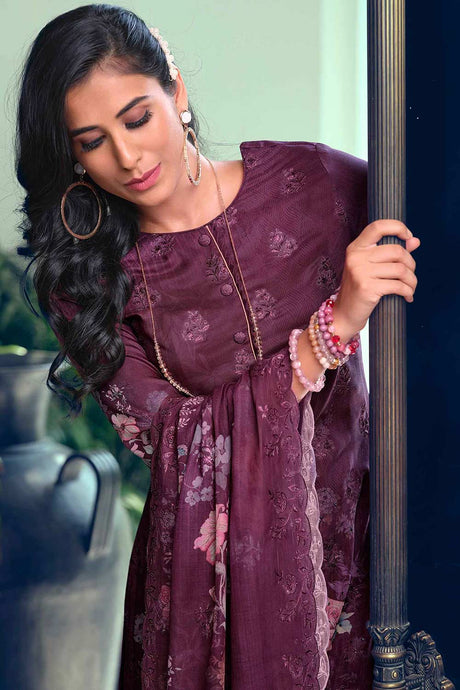 Buy Purple Muslin Embroidered Dress Material Online - Back