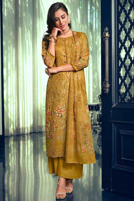 Buy Yellow Muslin Embroidered Kurta Suit Set Online